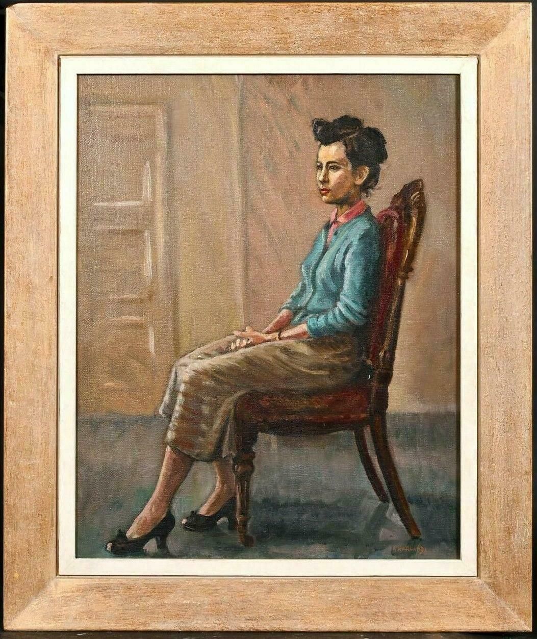 Unknownc.1960's English Oil   Portrait Of Period Lady Seated In Interior   Signed1950's