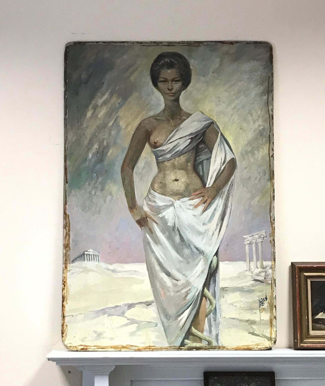 Pierre Piget (1907 1990)huge 1960's French Oil Portrait Of Roman/ Greek Semi Nude Lady Classical Ruins photo for sale