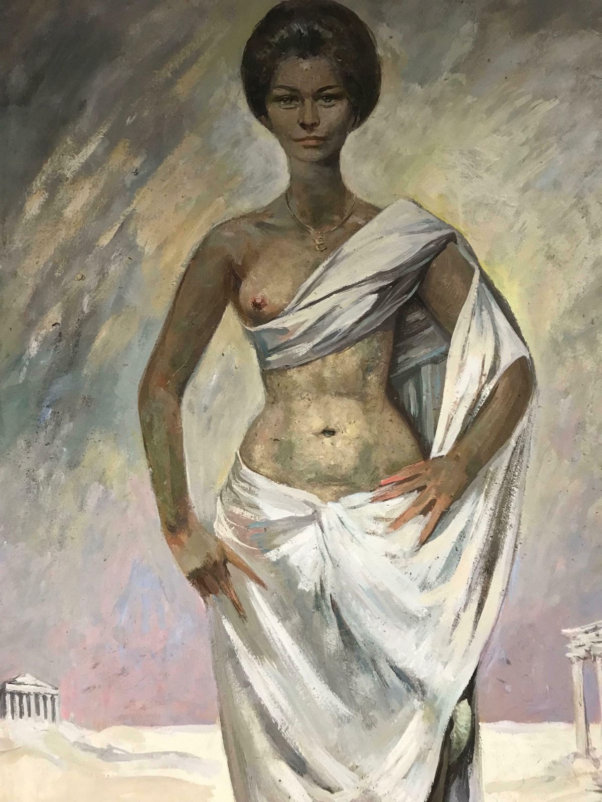 Pierre Piget (1907 1990)huge 1960's French Oil Portrait Of Roman/ Greek Semi Nude Lady Classical Ruins photo vinterior