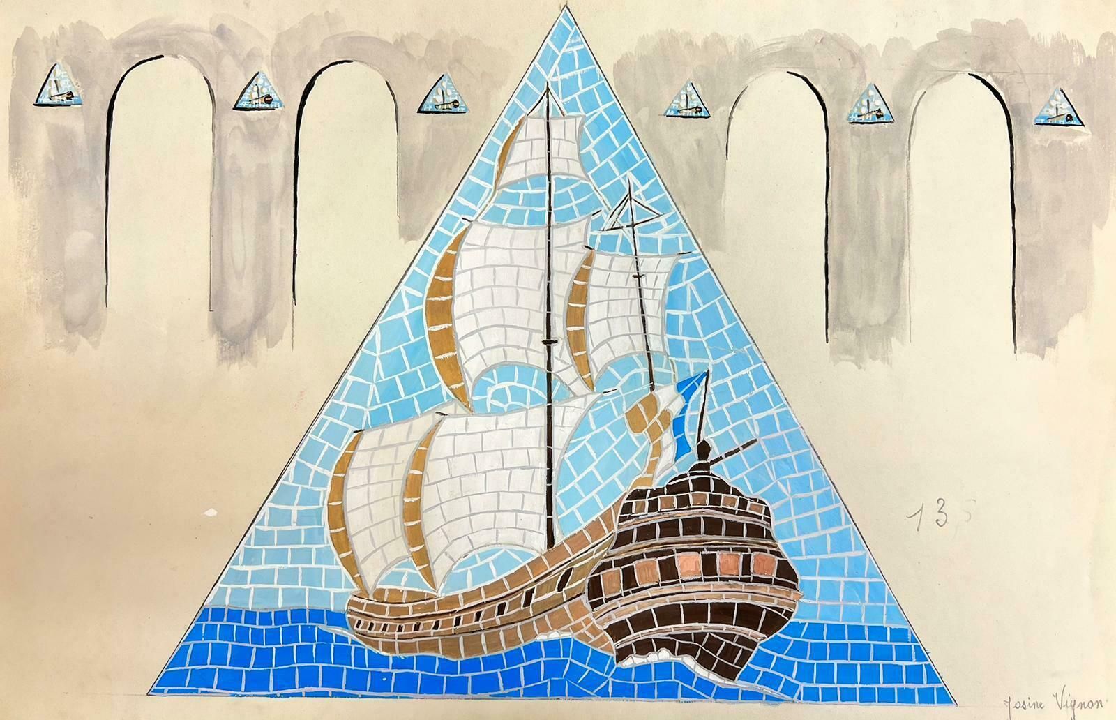Josine Vignonmid Century French Illustration Sketch Of A Mosaic Ship In The Sea Drawing1960's