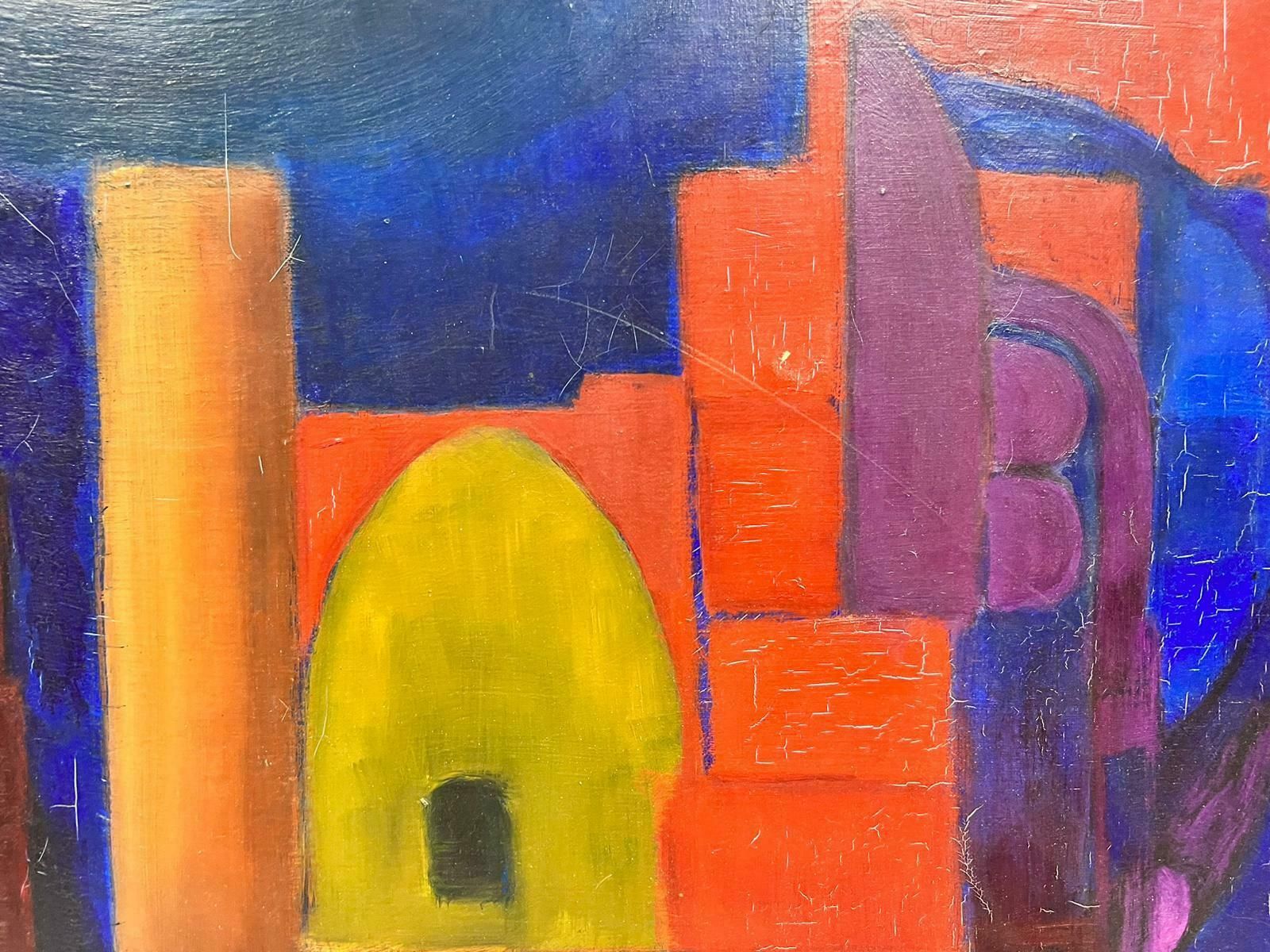 French Abstracthuge French Modernist Signed Oil Abstract Painting Of City Scape Orange & Blue1970's photo 2244.0