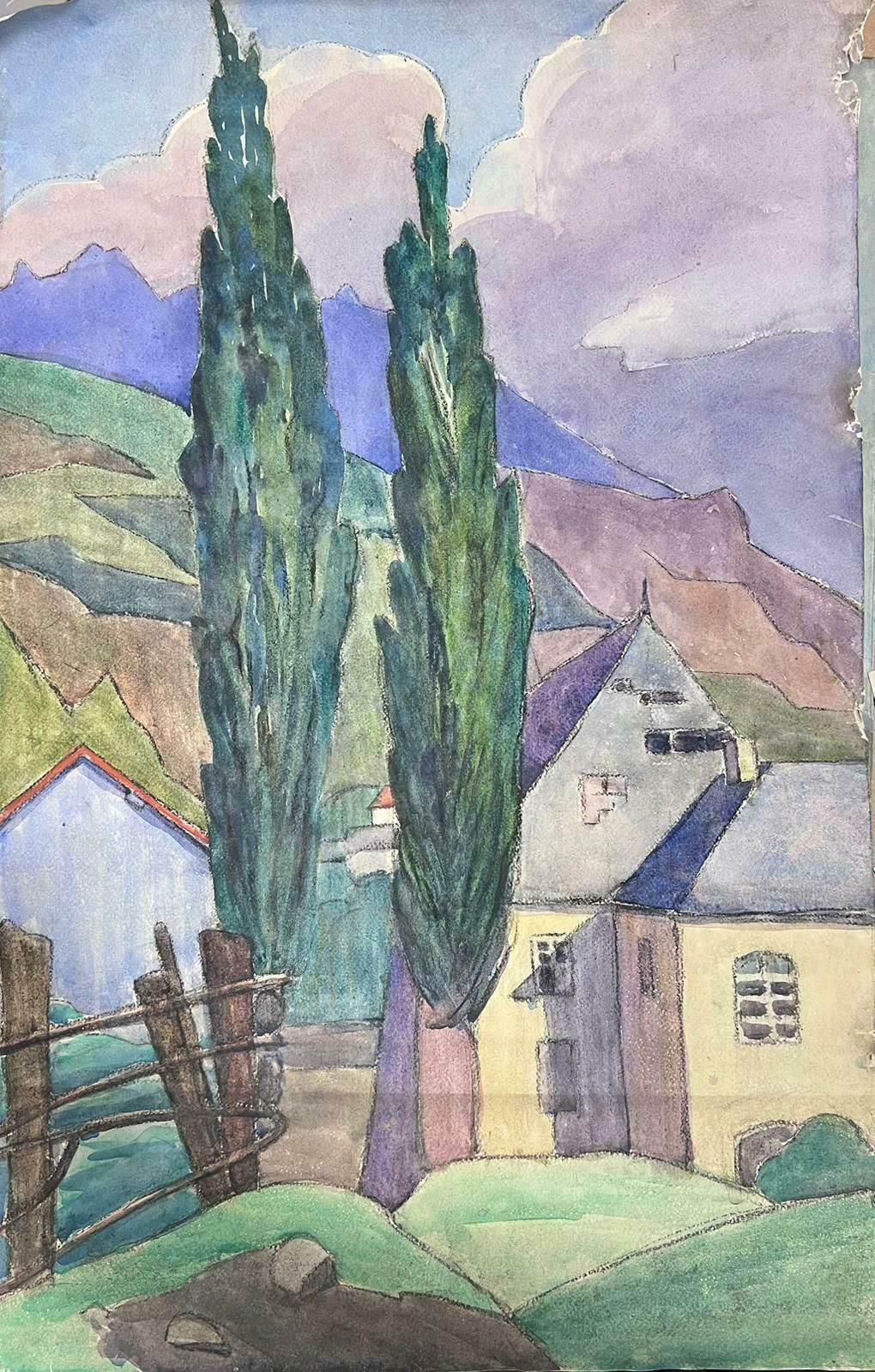Louise Alix1930's French Impressionist Tall Green Cypress Trees Purple Mountain Landscape1930's photo furniture