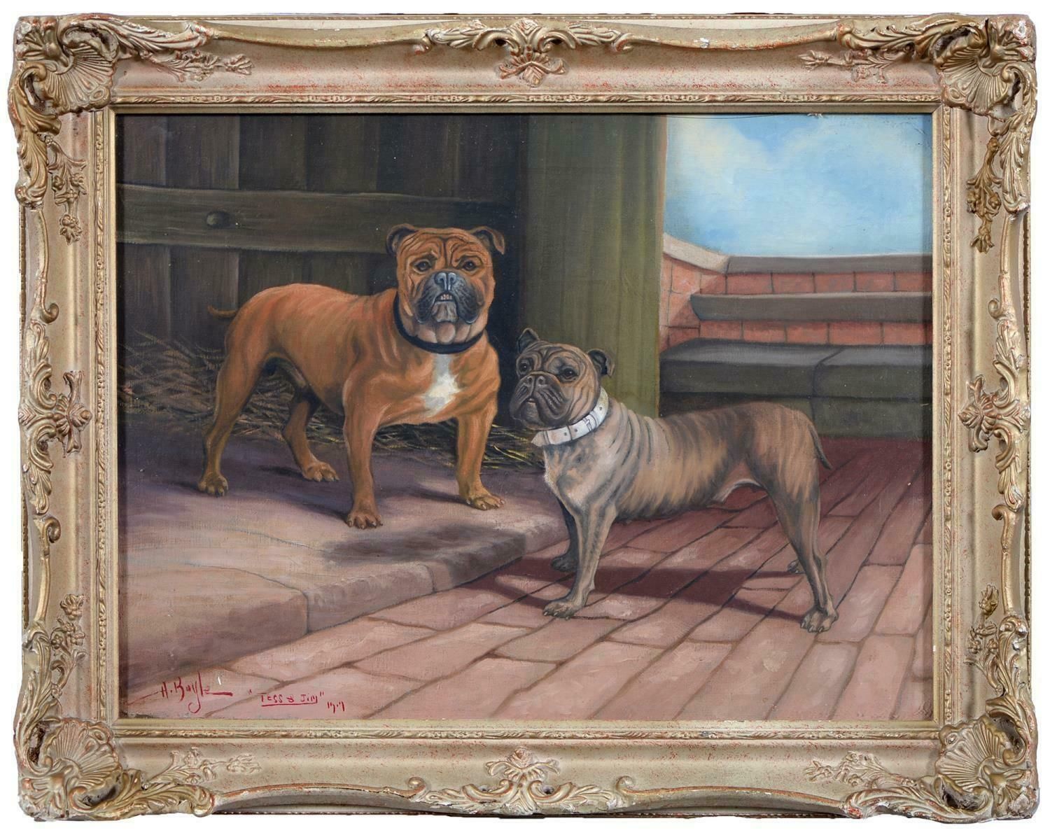 A. Baylefine English Dog Painting Portrait Of Staffordshire Bull Terriers 'Tess & Jim'