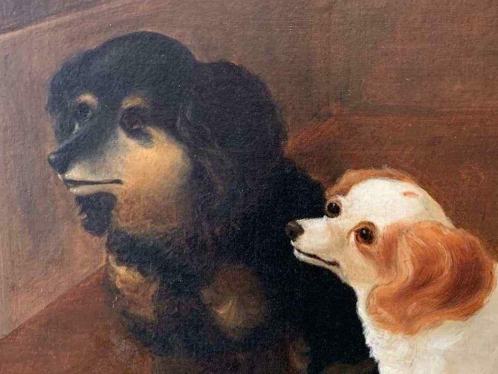 19th C. Englishwaiting For The Master Large Victorian Dog Painting Two Dogs In Interior C. 1870c. 1893 photo Art