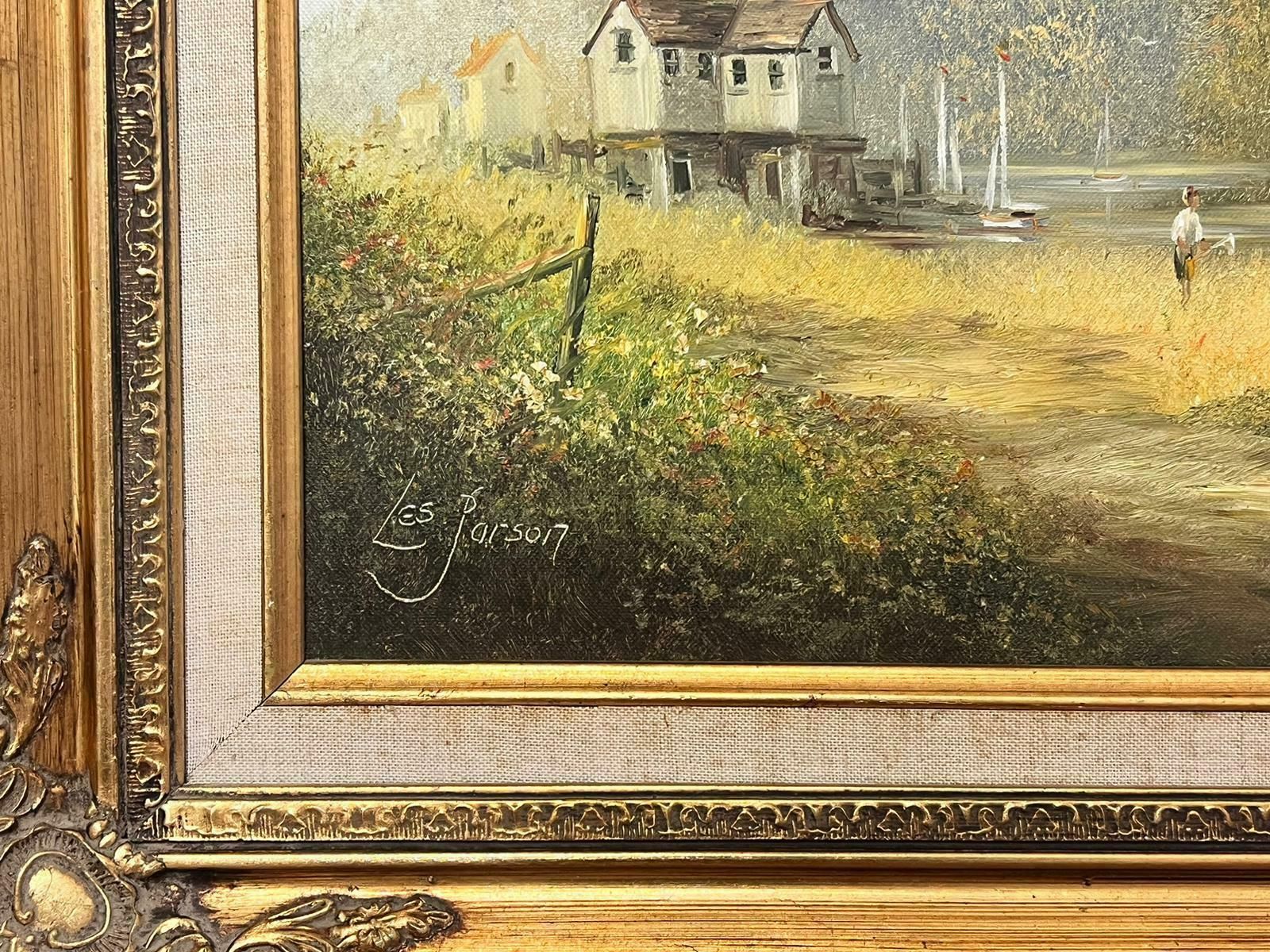 Les Parsonstranquil Rural River Landscape Figure Walking Through Meadows Signed English Oil photo for sale