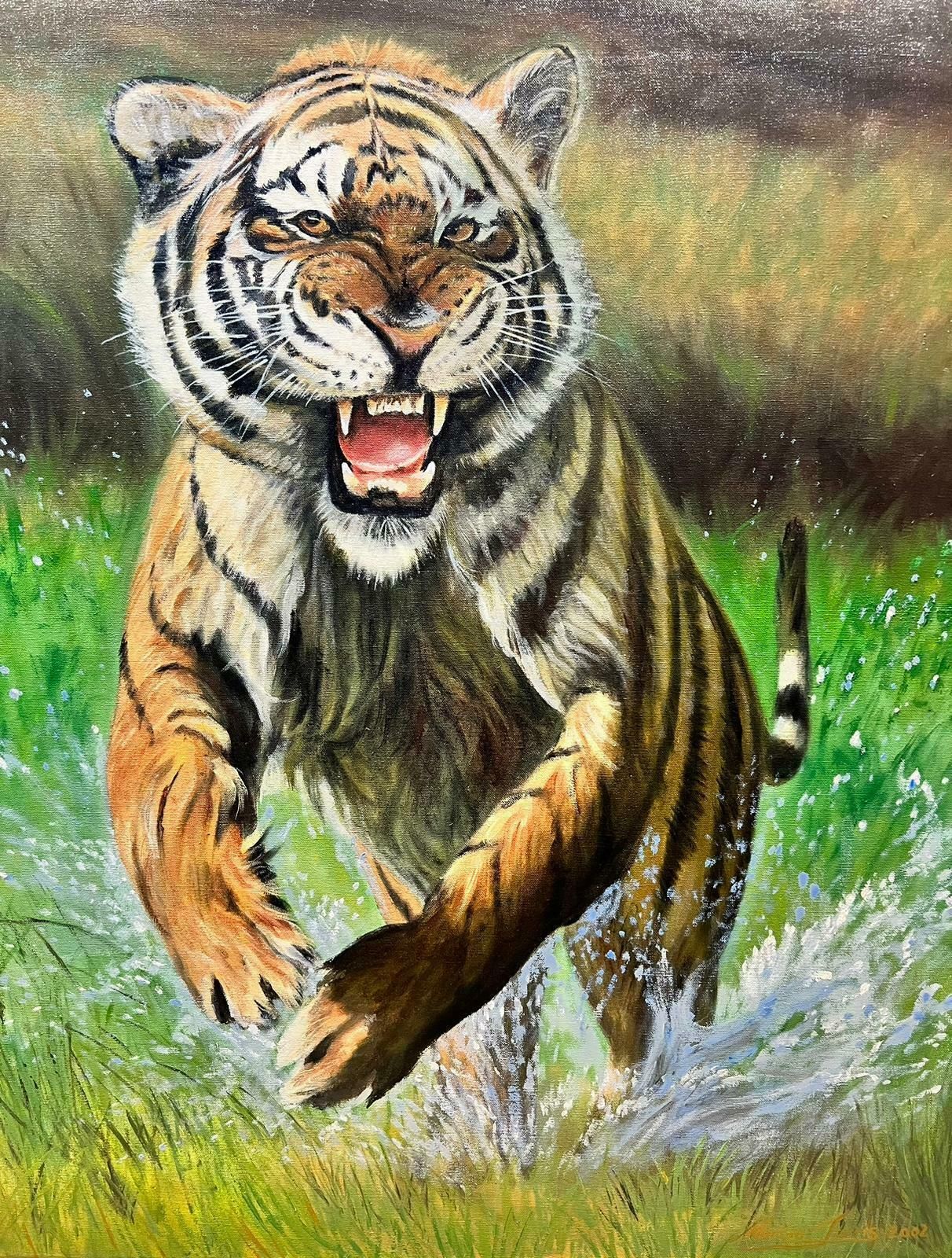 Martin Jarviscontemporary British Oil Painting Roaring Tiger In Landscape Leaping At Viewer