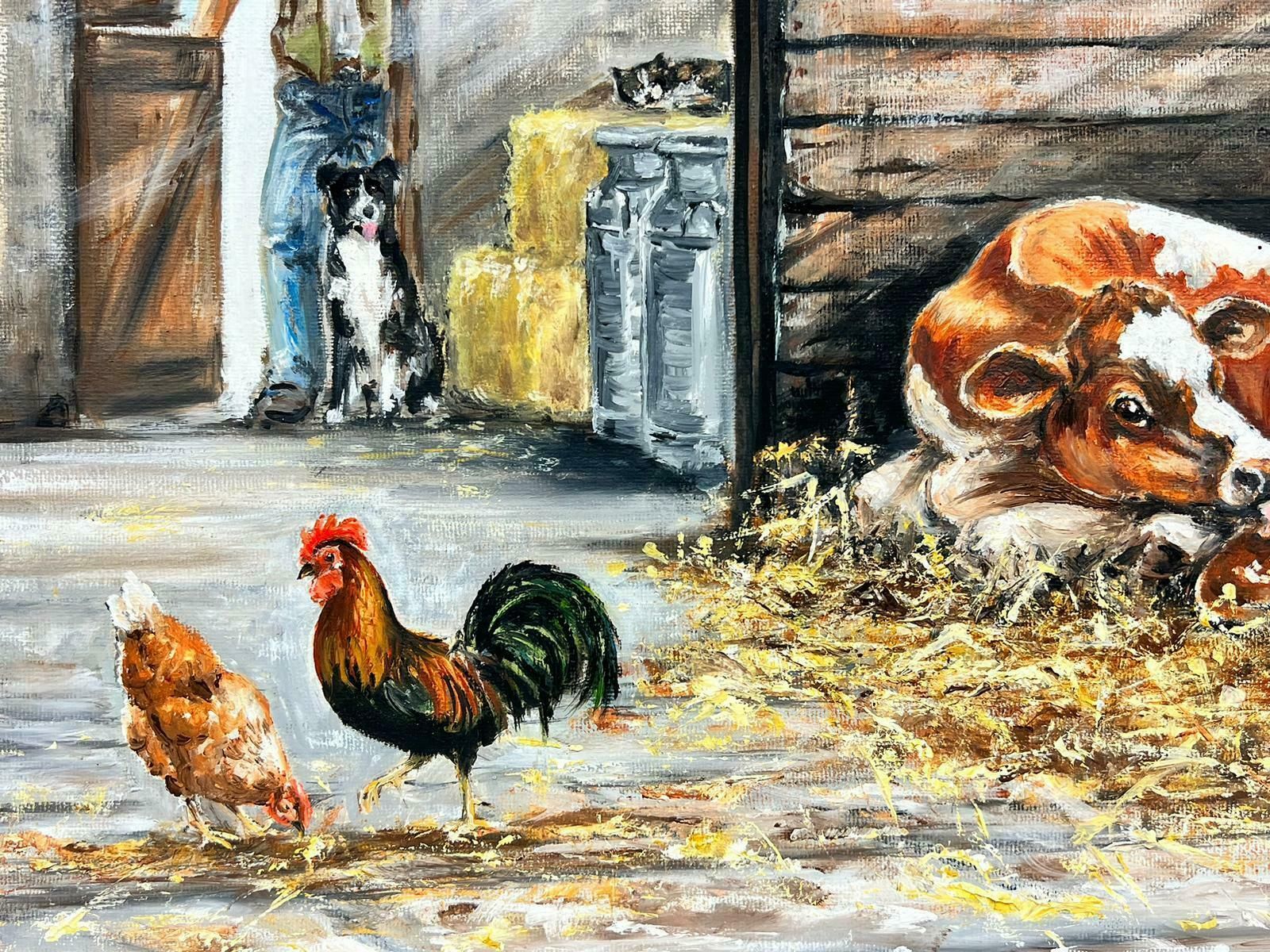 Colin Impeytraditional Rural English Signed Oil Cow With Baby Calf Chickens & Farmer & Dog photo for sale