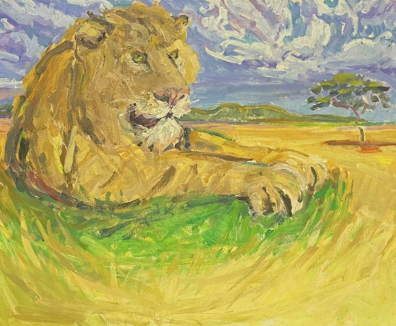 Douglas Stuart Allenlarge Impressionist Signed Oil Painting   Lion Resting In Landscape20th Century
