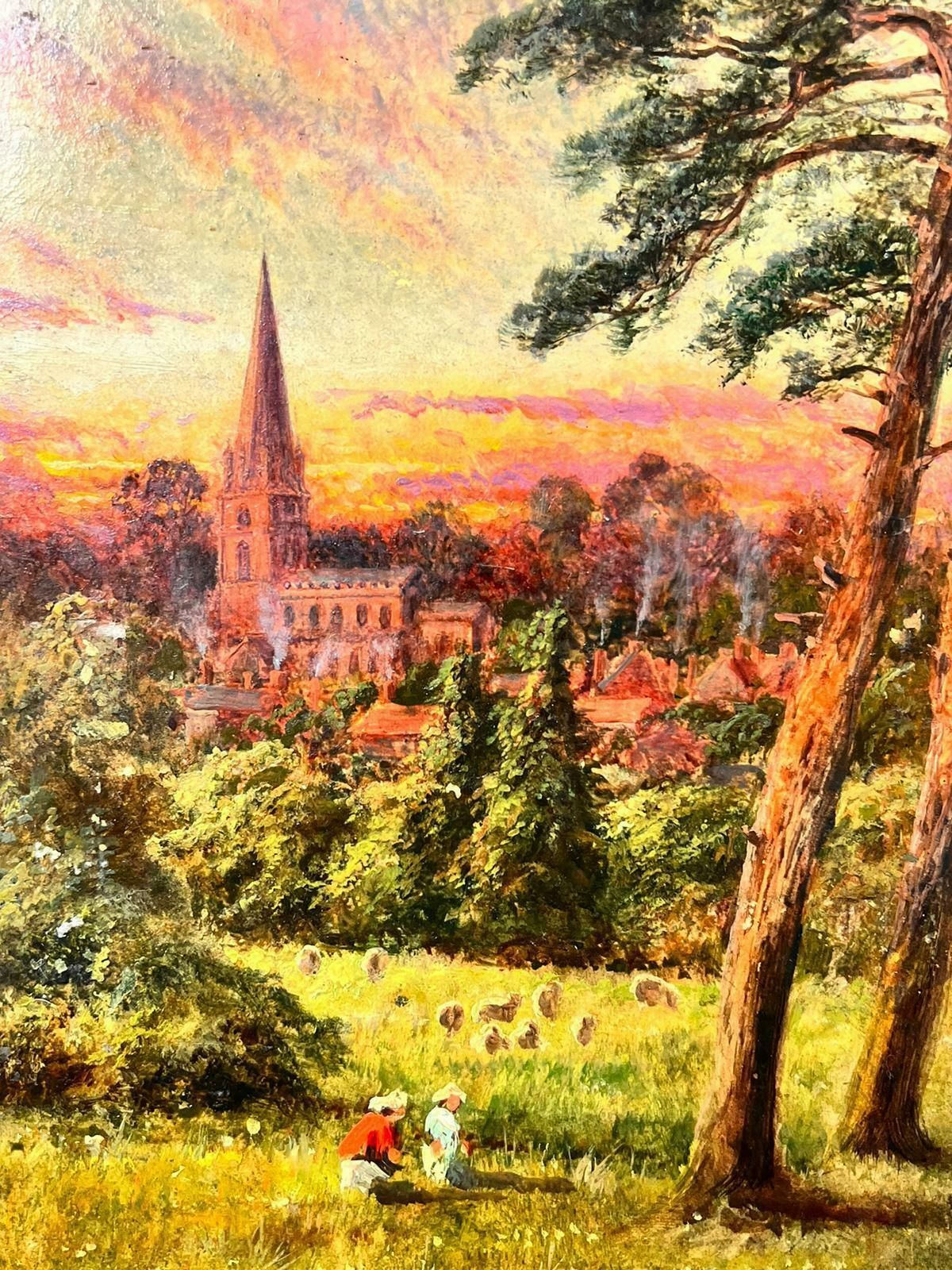 Antique English Antique Victorian English Figures In Sheep Field With The Sunrise Over Village photo Art