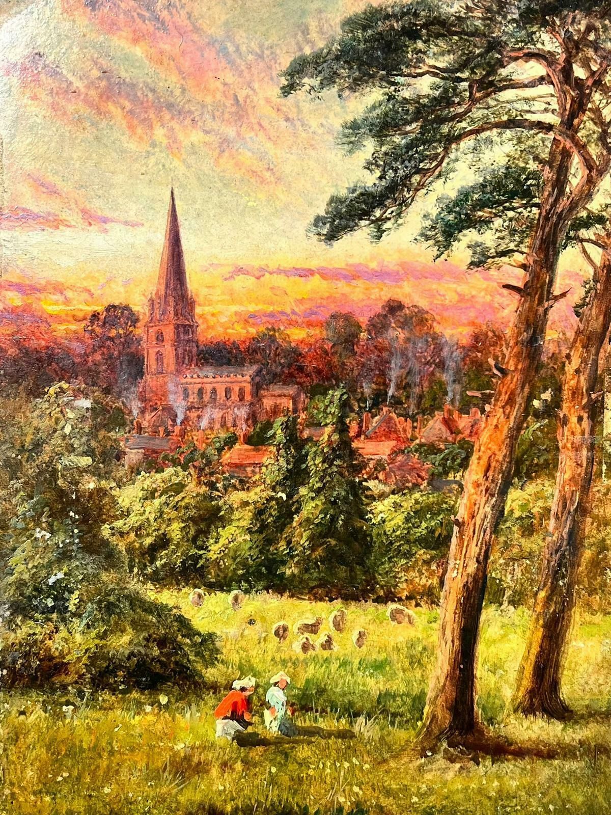 Antique English Antique Victorian English Figures In Sheep Field With The Sunrise Over Village photo 408.0
