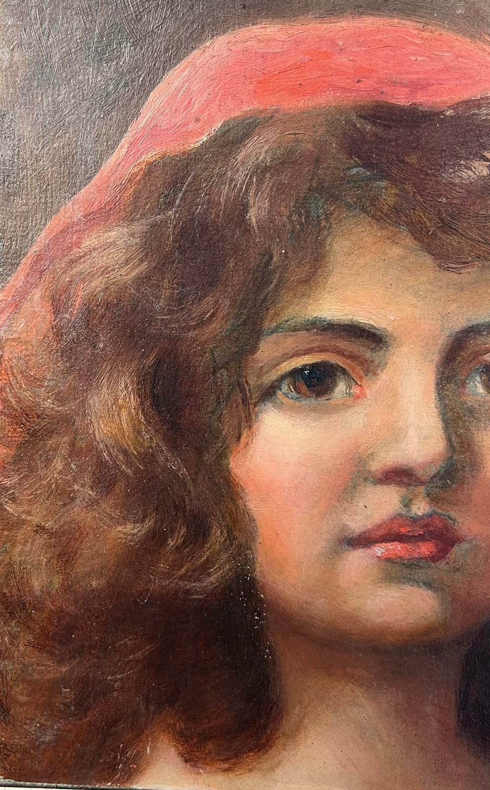 Antique English Antique Victorian English Oil Portrait Of A Girl With A Pink Head Scarf photo furniture