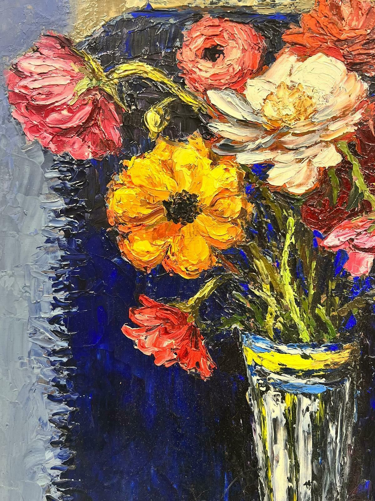 Josine Vignon1960's French Expressionist Signed Oil Bright Warm Colors Flowers In Vase1960's photo for sale