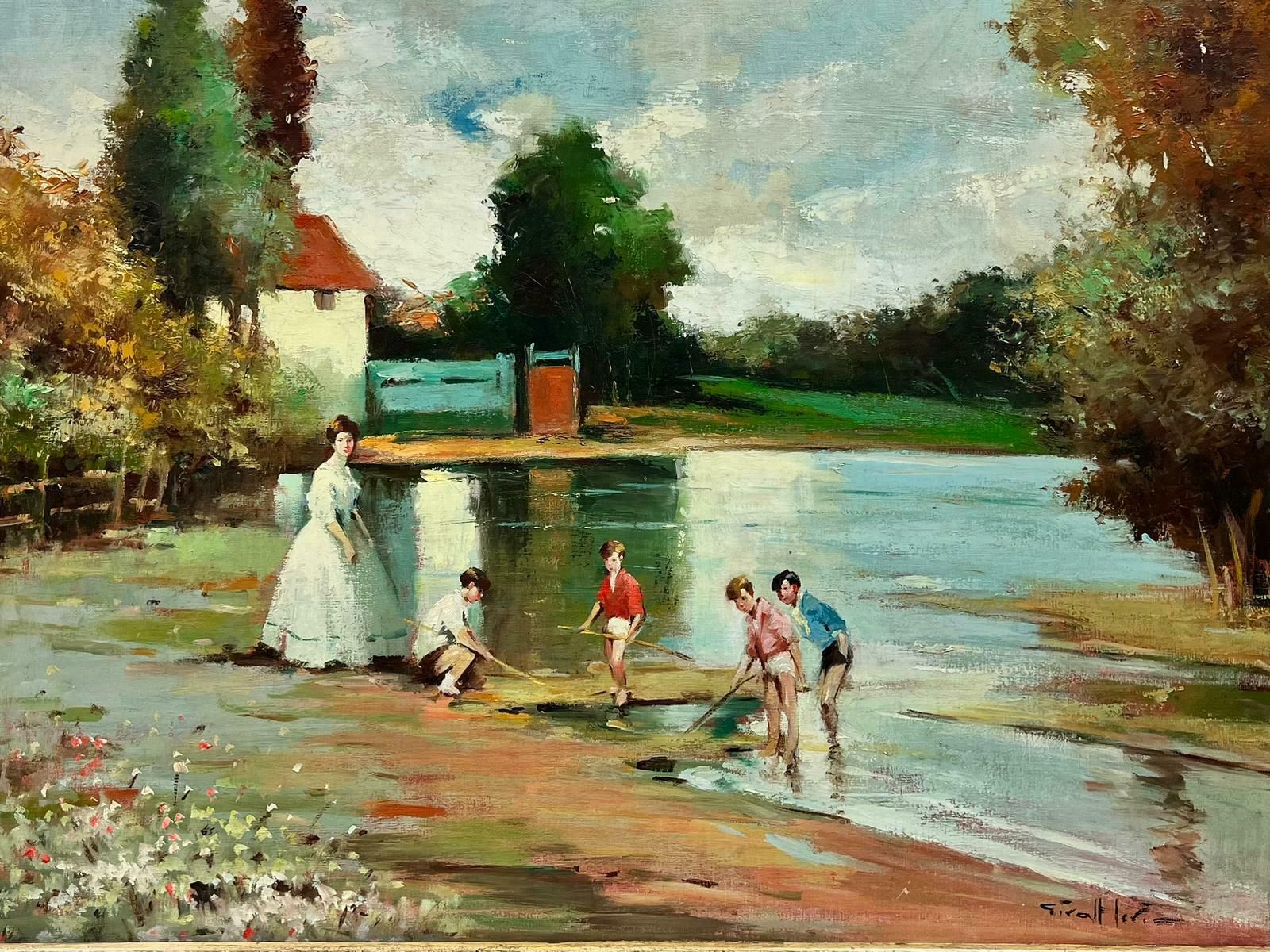J. Giralt Lerinhuge Spanish Signed Oil Children & Mother Playing In River Summer Landscape photo furniture