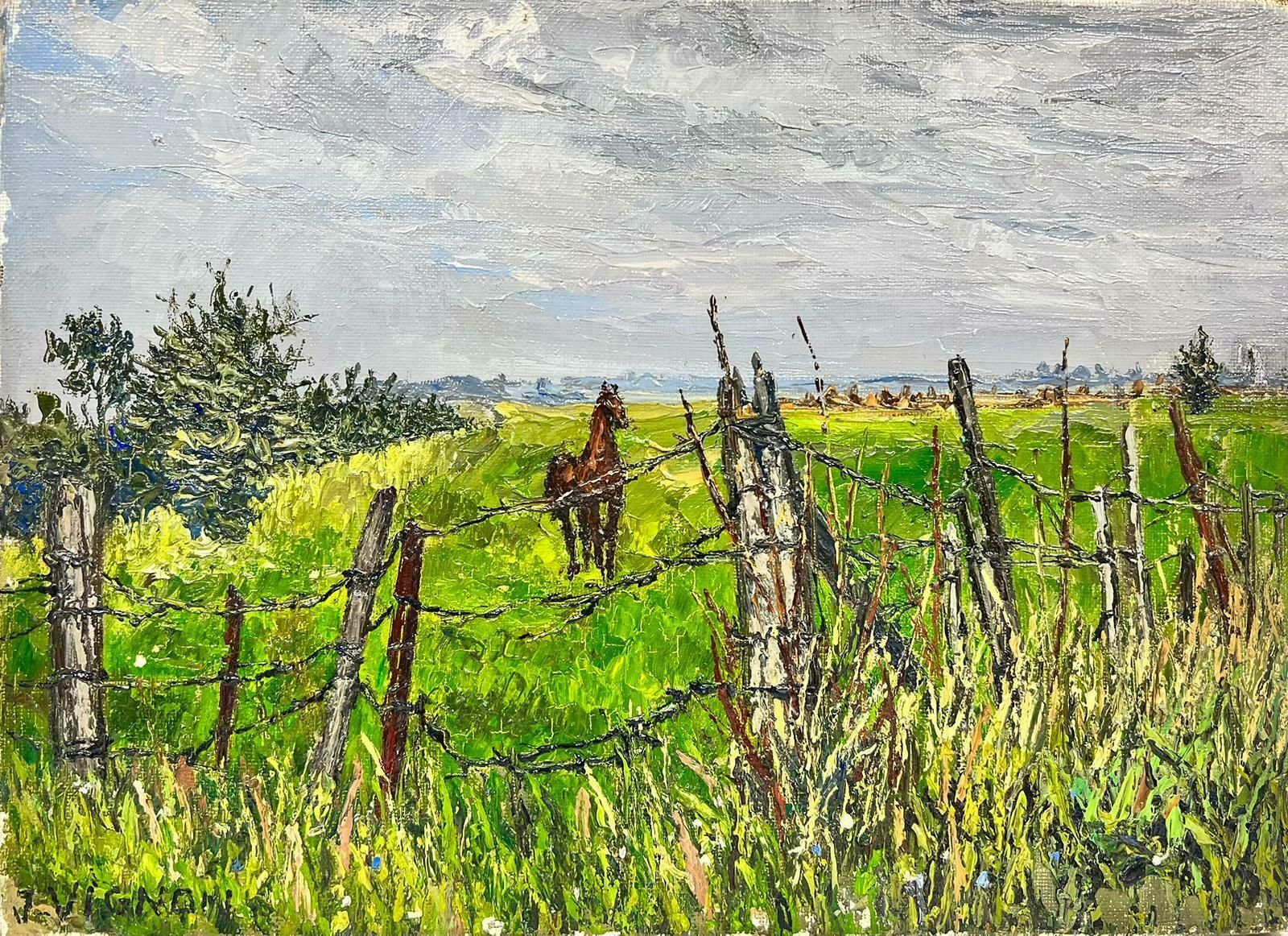 Josine Vignonbrown Arabian Horse In Wired Green Field Thick Oil Impasto1960's