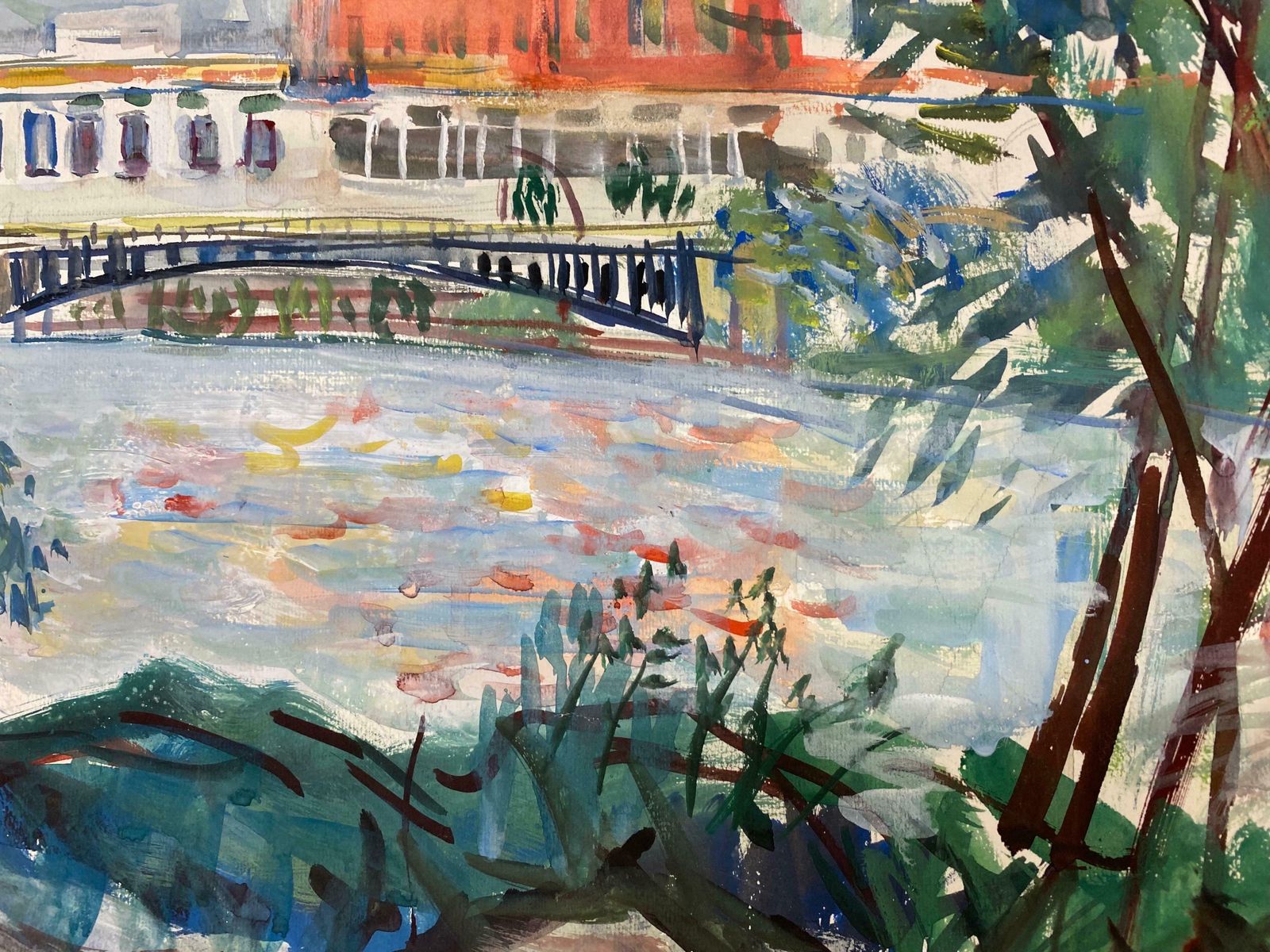 édouard Righetti (1924 2001)original French Mid Century Colourful Landscape, French Bridge1950's photo vinterior
