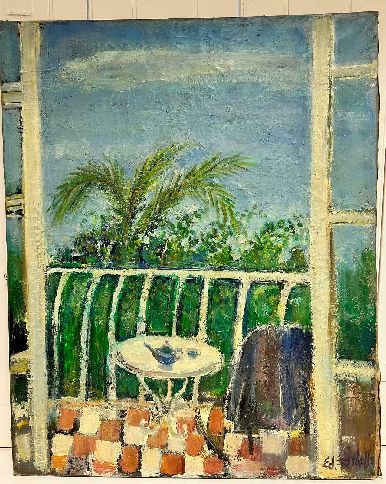 édouard Righetti (1924 2001)original French Mid Century Postimpressionist Oil Green Balcony Med Terrace View1950's photo furniture