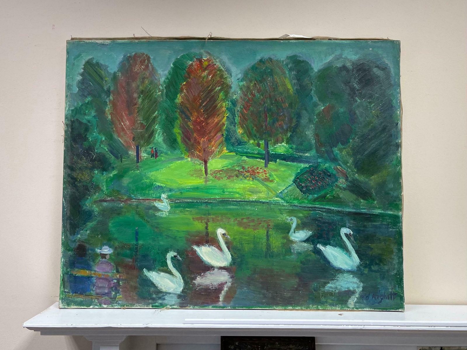 édouard Righetti (1924 2001)original French Mid Century Oil   Vibrant Green Lake With Elegant Swans1950's photo furniture