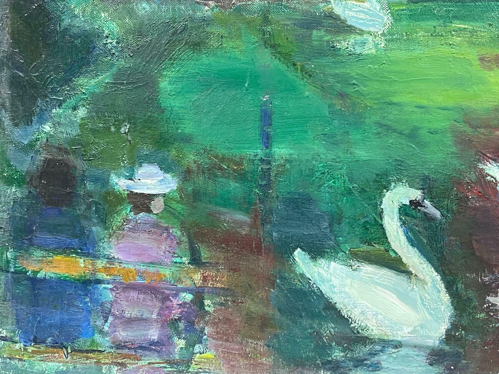 édouard Righetti (1924 2001)original French Mid Century Oil   Vibrant Green Lake With Elegant Swans1950's photo buy