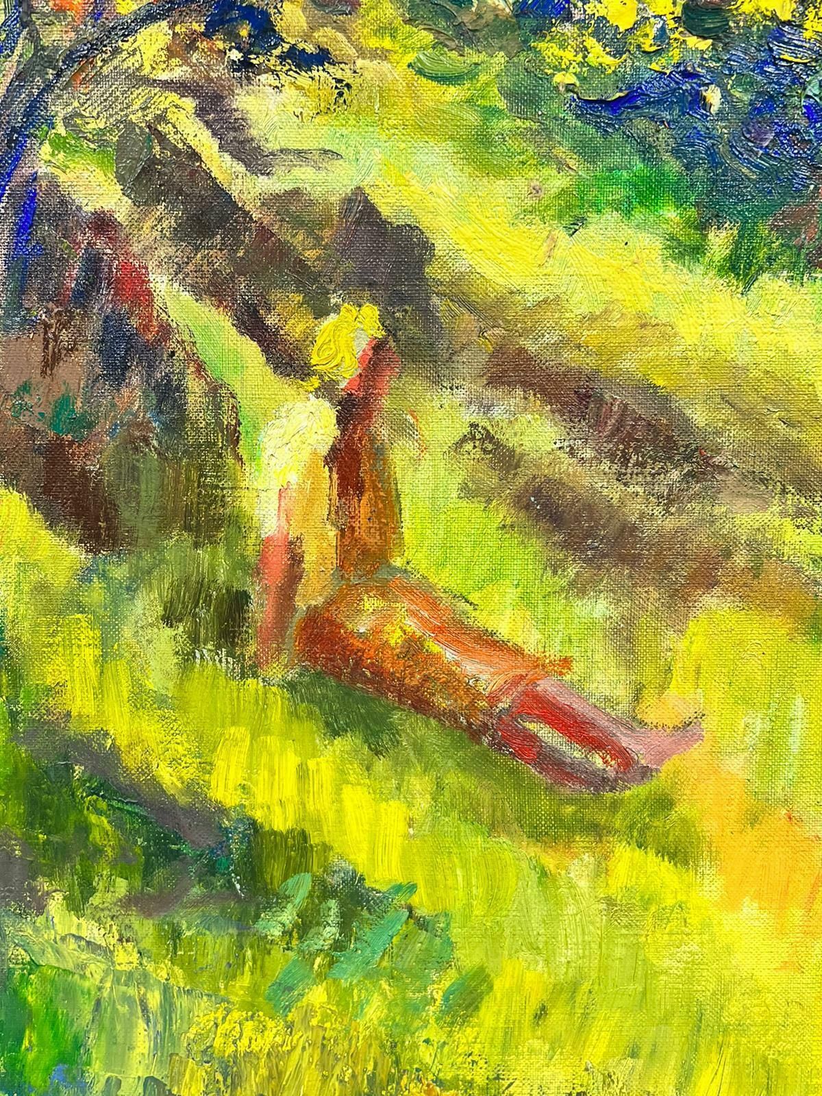 Josine Vignon20th Century French Post Impressionist Oil Lady In Sunlit Green Meadow Landscape1960's photo Art