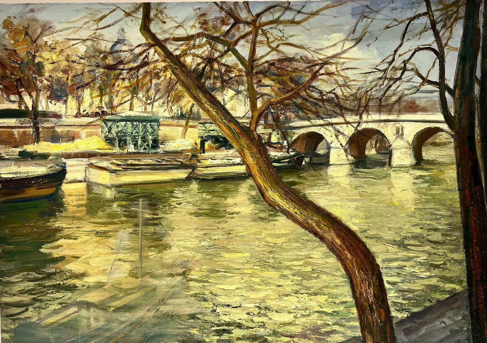 Josine Vignonautumn Light In Paris Beautiful Atmospheric River Seine Boats View, French Oil 1960's