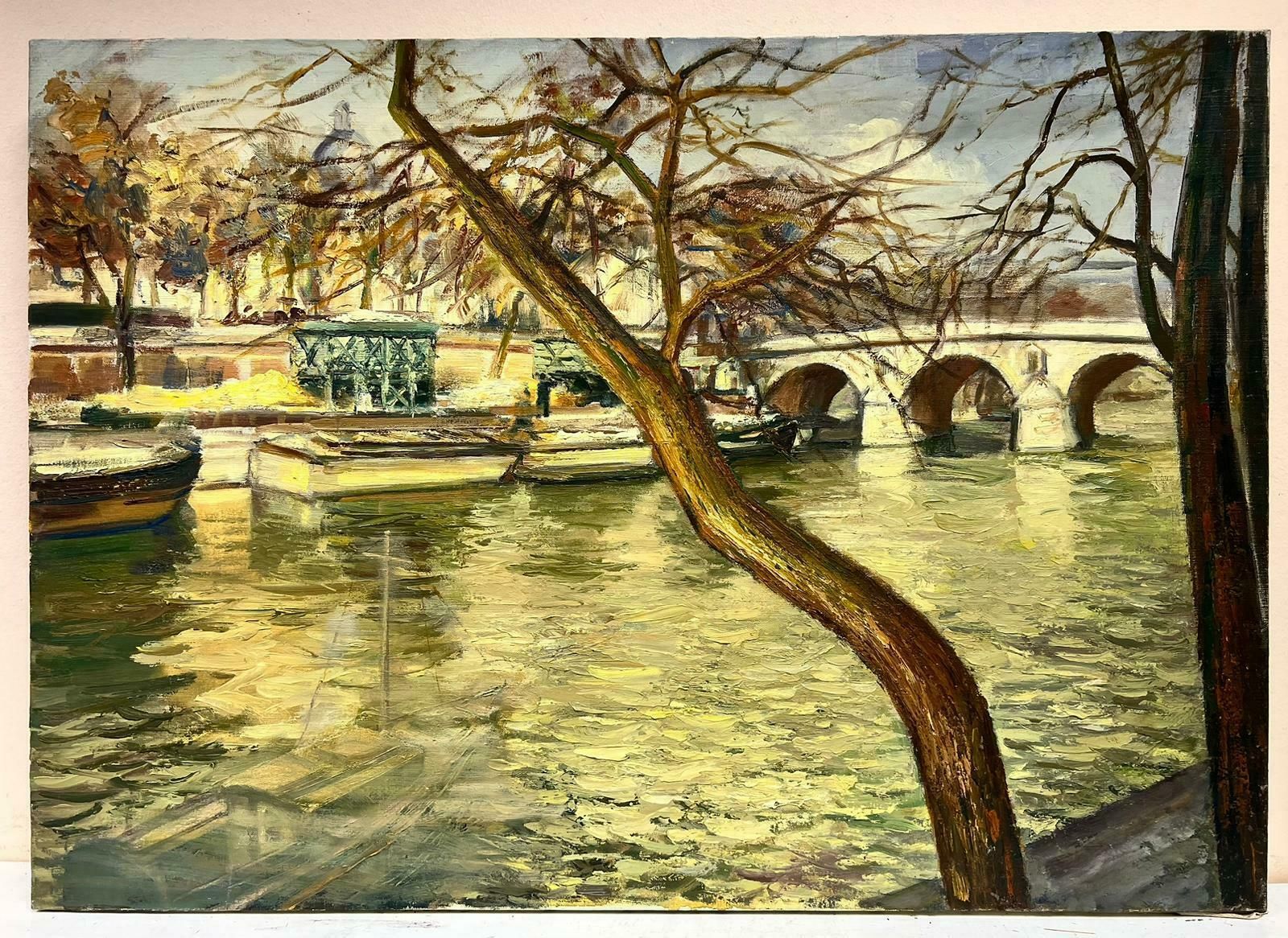 Josine Vignonautumn Light In Paris Beautiful Atmospheric River Seine Boats View, French Oil 1960's photo furniture