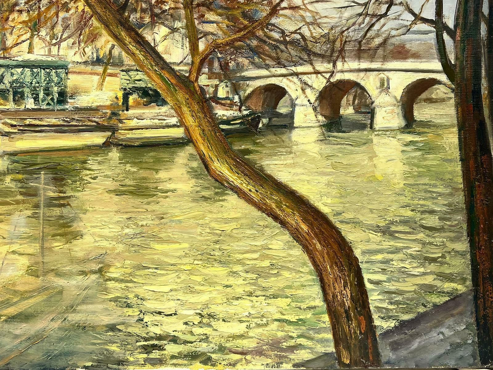 Josine Vignonautumn Light In Paris Beautiful Atmospheric River Seine Boats View, French Oil 1960's photo Art