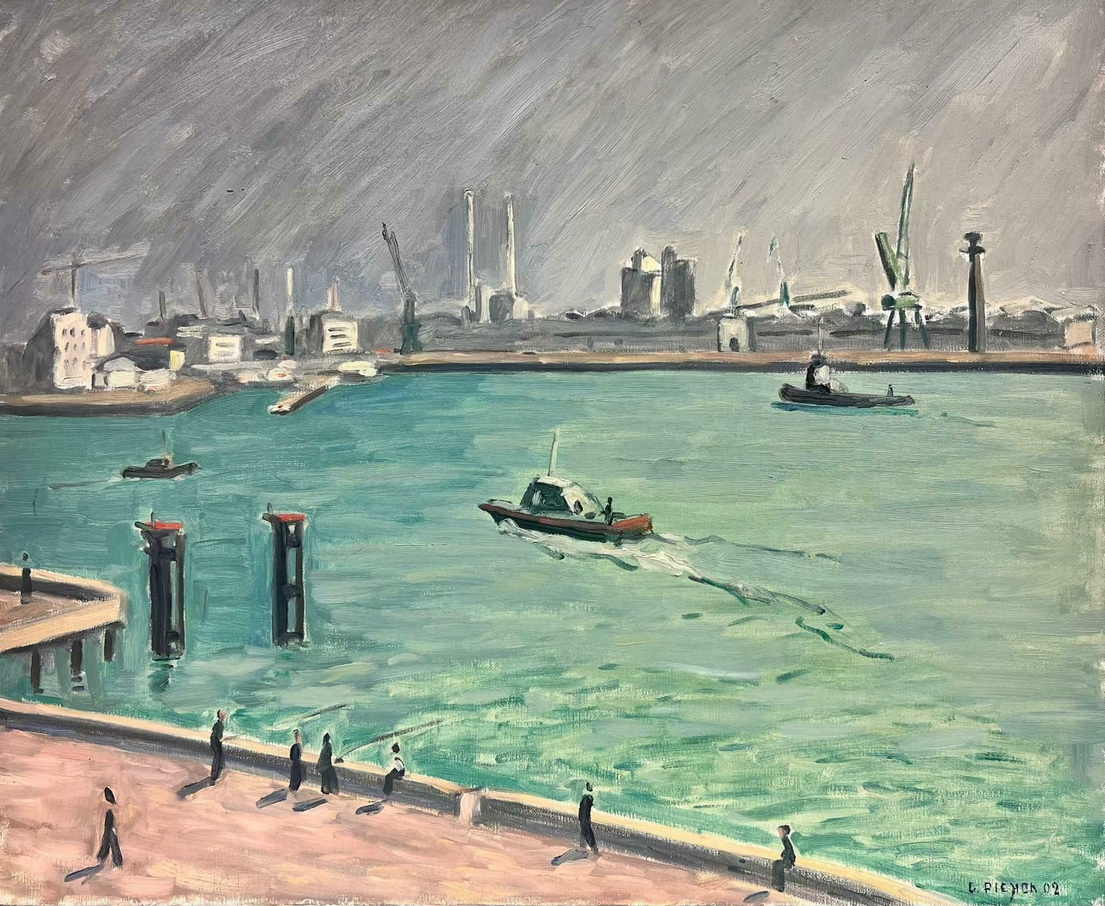 Guy Pichonfrench Impressionist Signed Oil Painting Boats In Busy Industrial Harbour Port2002