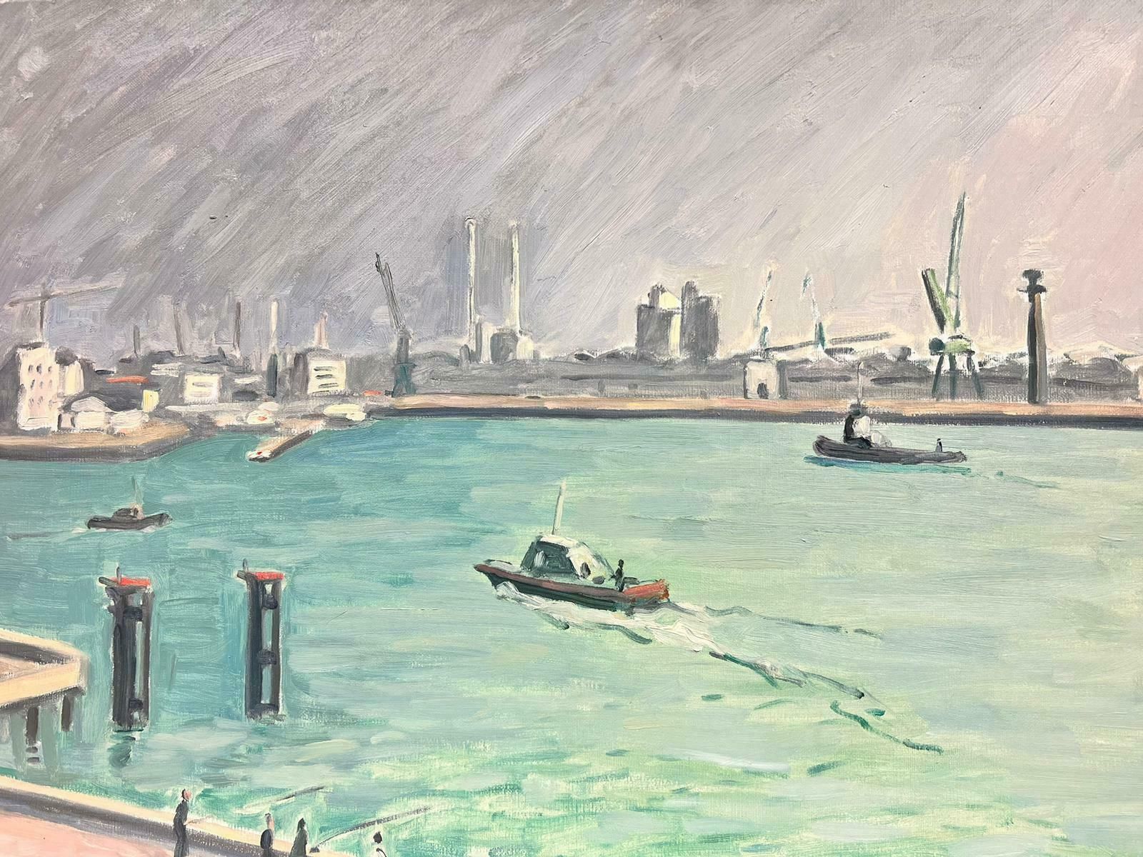 Guy Pichonfrench Impressionist Signed Oil Painting Boats In Busy Industrial Harbour Port2002 photo Art