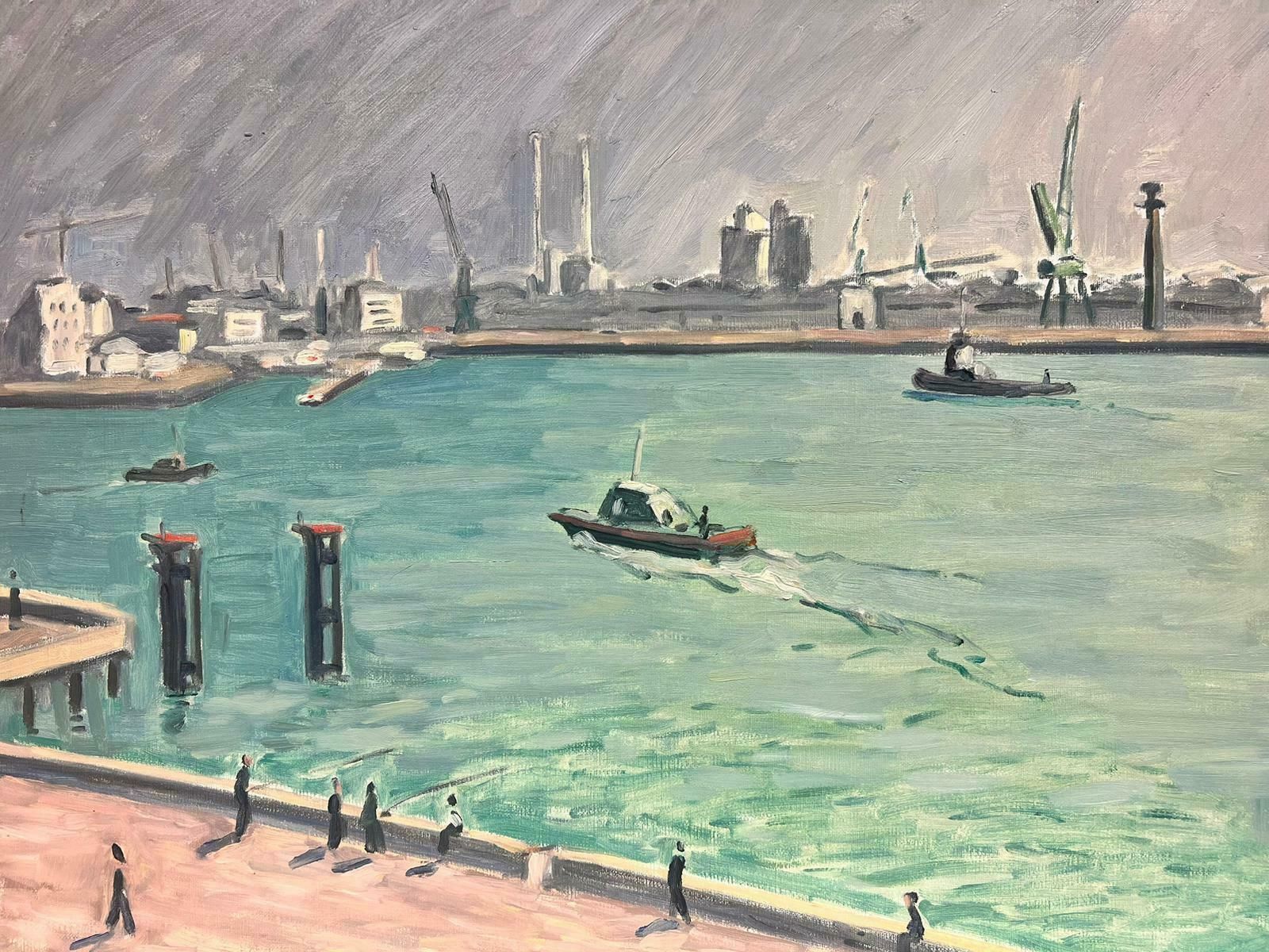 Guy Pichonfrench Impressionist Signed Oil Painting Boats In Busy Industrial Harbour Port2002 photo 1525.0