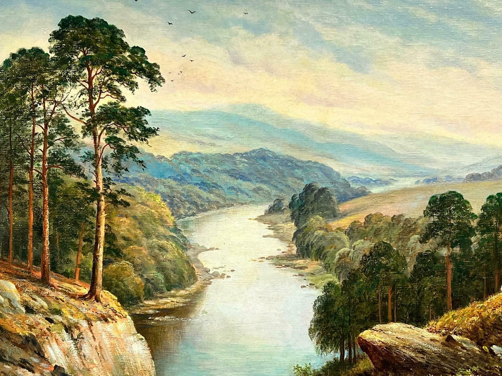 George Mulready Freezorhuge Antique British Signed Oil Extensive River Landscape Hilly Views, Framed19th Century photo furniture