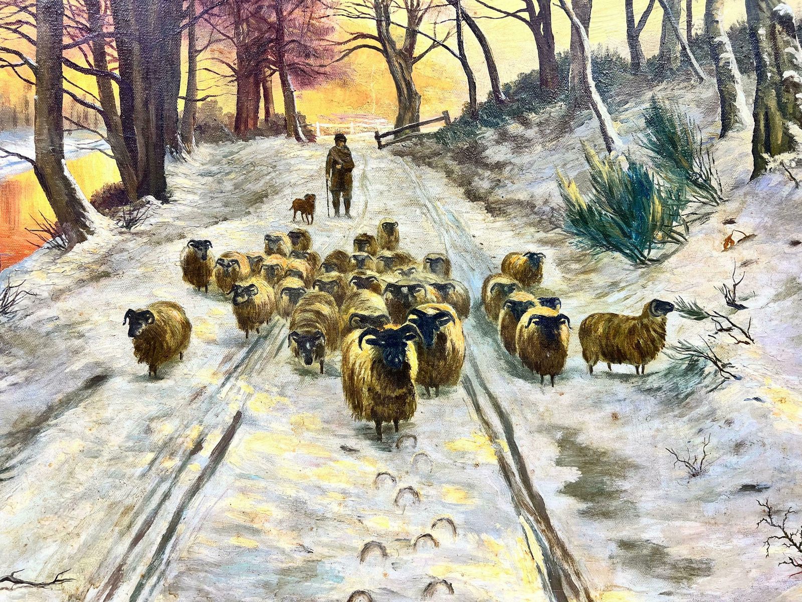 Scottish Schoolhuge Scottish Signed Painting Sheep In Winter Snowy Sunset Landscape photo for sale