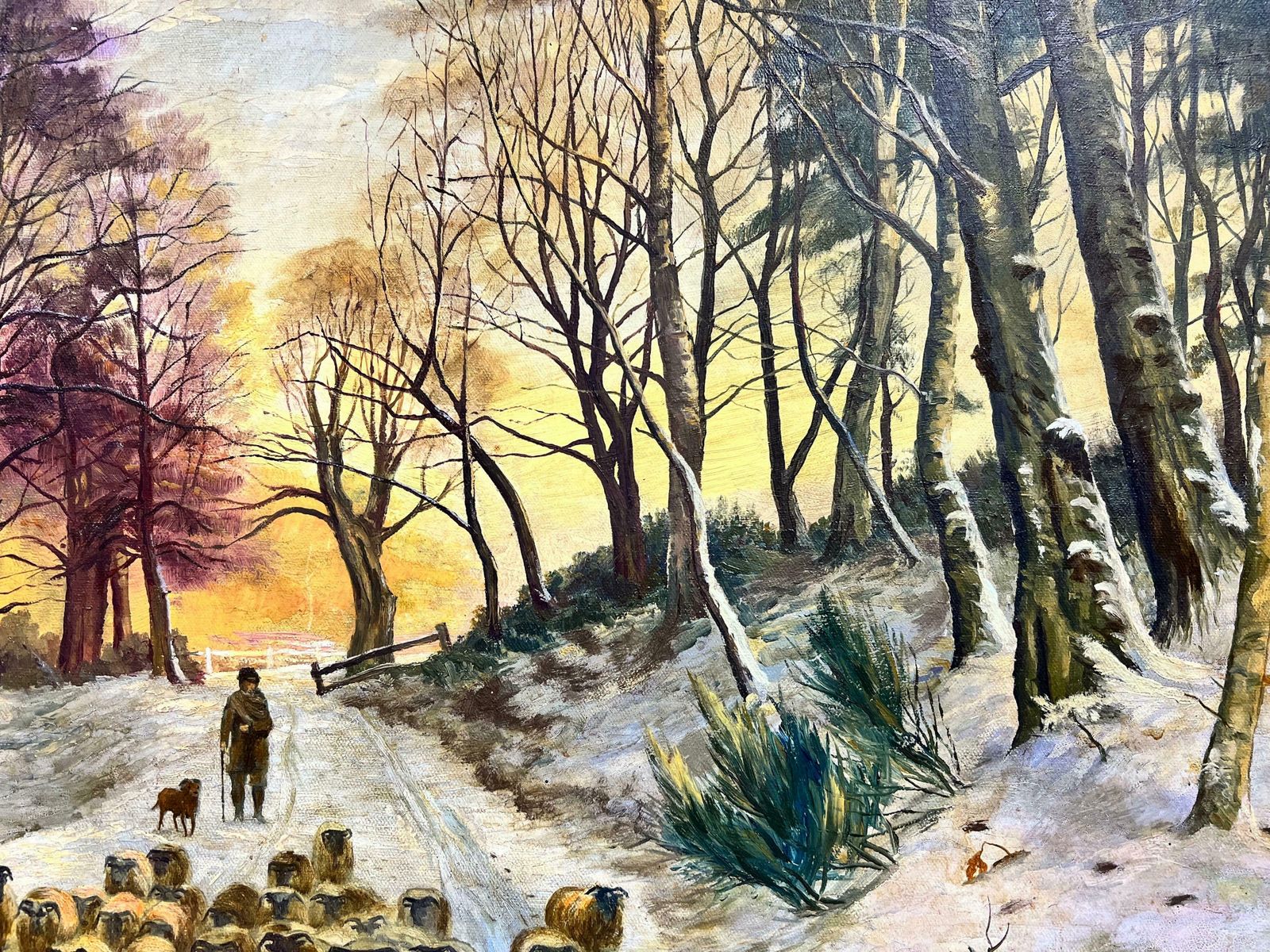 Scottish Schoolhuge Scottish Signed Painting Sheep In Winter Snowy Sunset Landscape photo vinterior