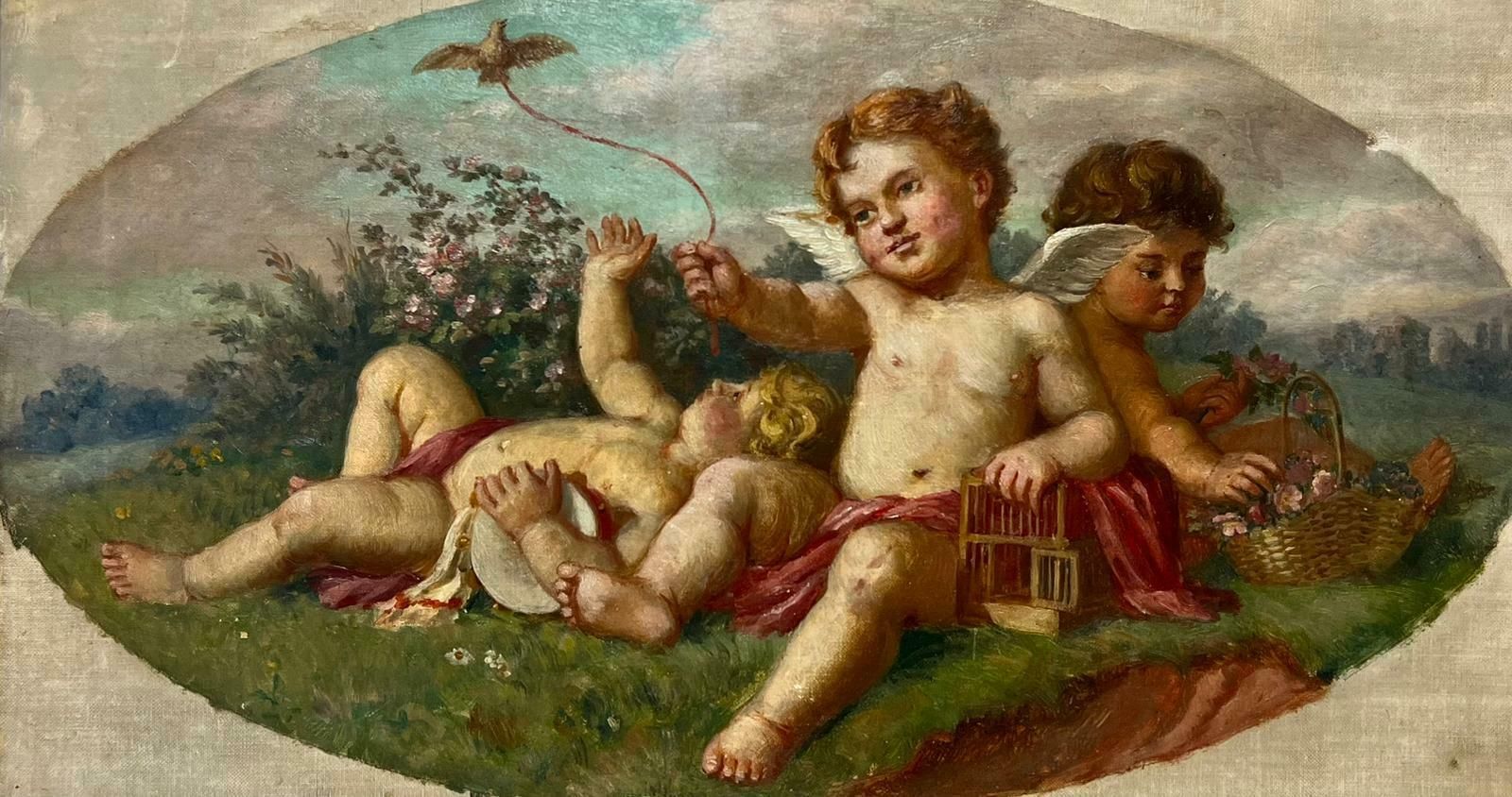 Continental School`19thc French/ Italian School Oil, Cherubs Playing In Landscape, Wild Flowers photo for sale