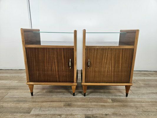 Bedside Tables With Mirror Top And Door, 1950, Set Of 2