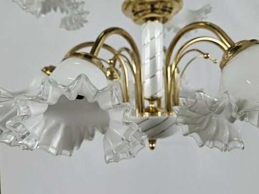 Lighting Large Ceramic Chandelier In Brass And Murano Glass, Italy, 1970s photo