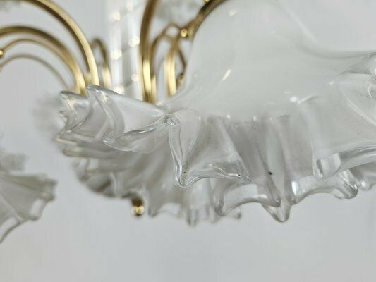 photo vintage Large Ceramic Chandelier In Brass And Murano Glass, Italy, 1970s
