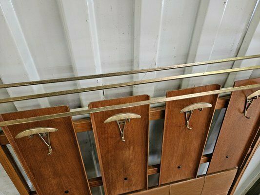 Wooden Wall Coat In Skai With Brass Hangers, Italy, 1950s photo for sale
