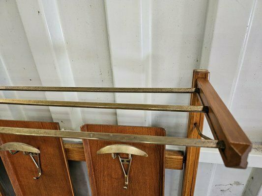 Wooden Wall Coat In Skai With Brass Hangers, Italy, 1950s photo vinterior