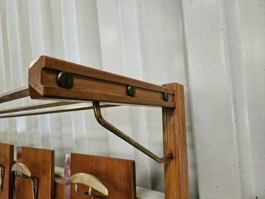 Wooden Wall Coat In Skai With Brass Hangers, Italy, 1950s photo buy