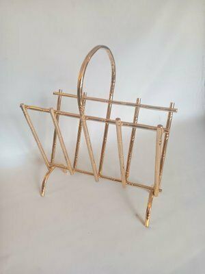 Vintage Gilt Metal Faux Bamboo Magazine Rack, 1970s photo furniture