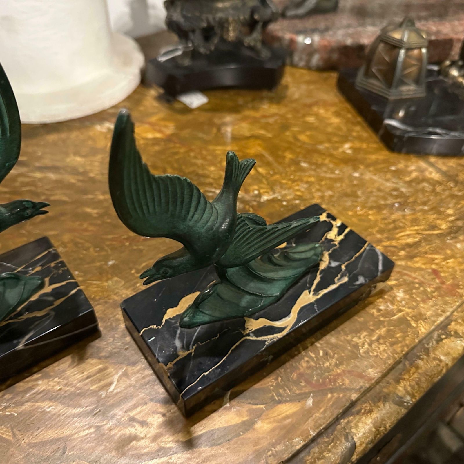 1930s Art Deco Marble And Green Metal French Birds Bookends photo for sale