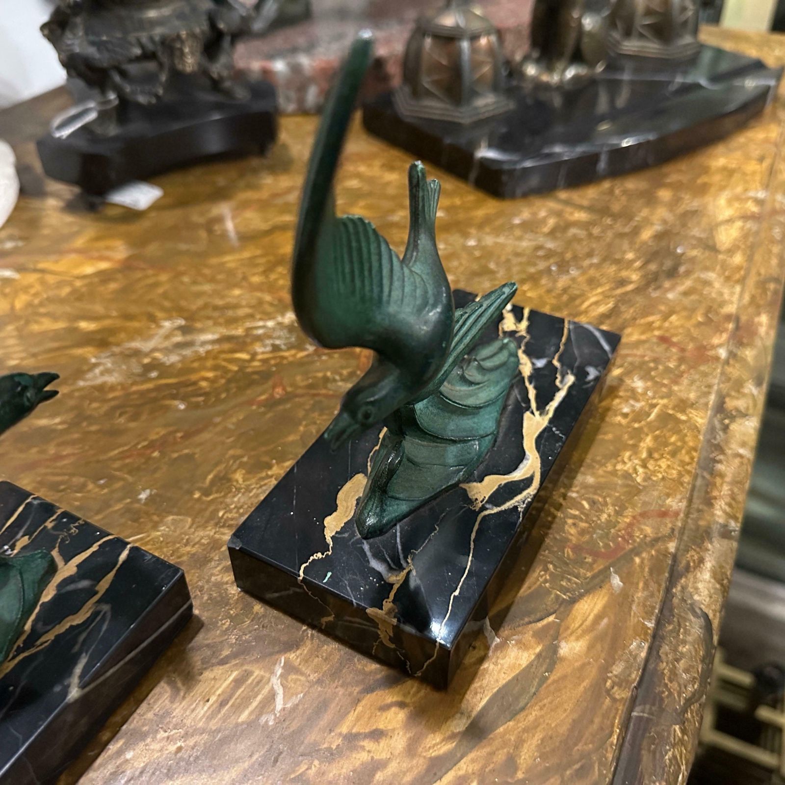 1930s Art Deco Marble And Green Metal French Birds Bookends photo Home Decor