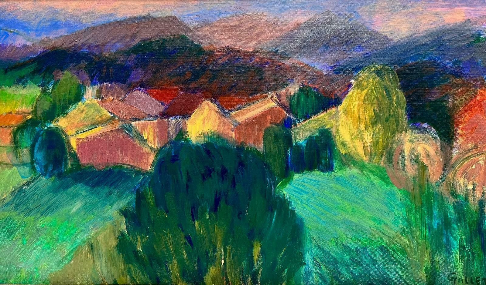 20th Century French School 1980's French Post Impressionist Signed Oil Green Ochre Color Landscape Houses 1982
