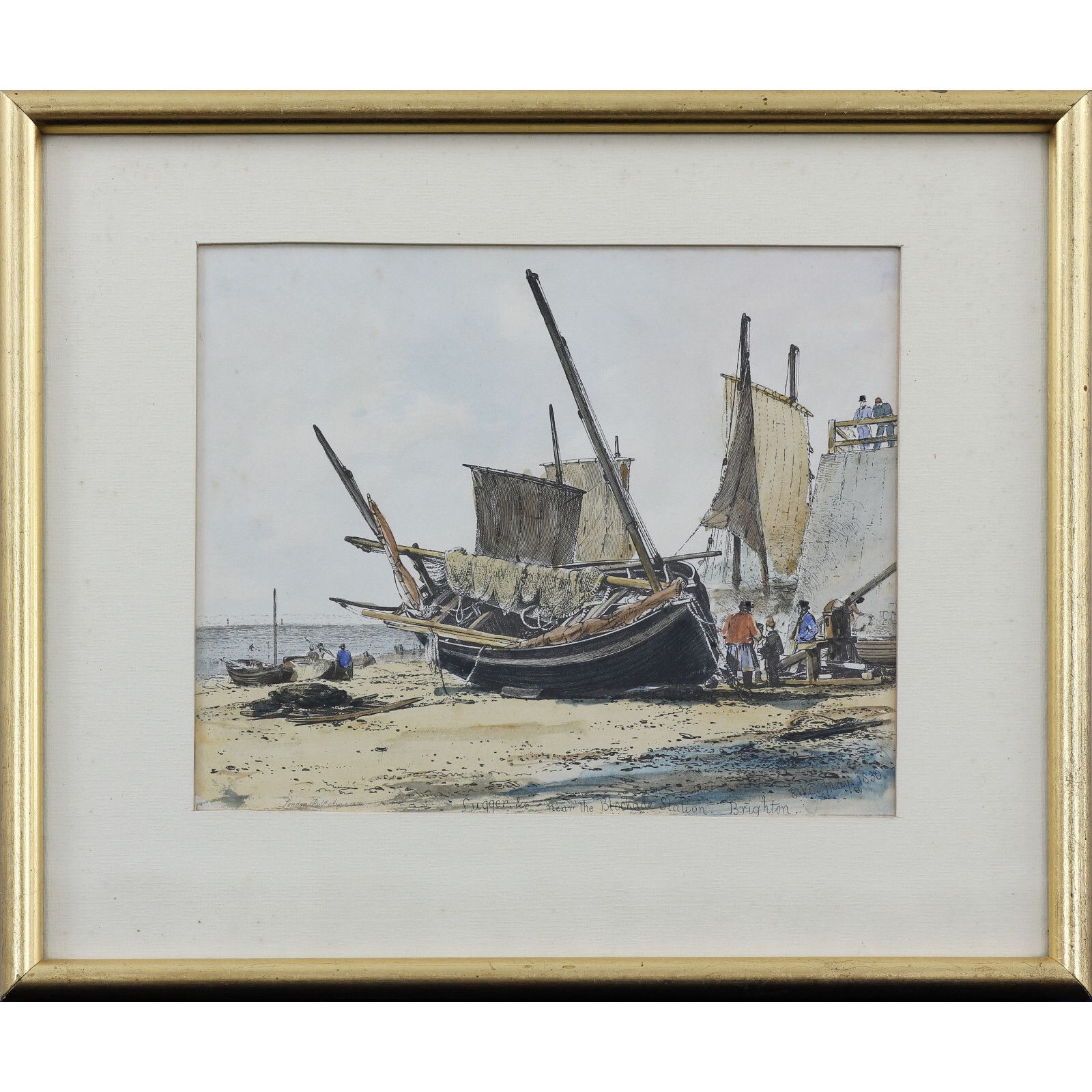 Coloured Etching By Edward William Cooke. 'Lugger Near The Blockade, Brighton'