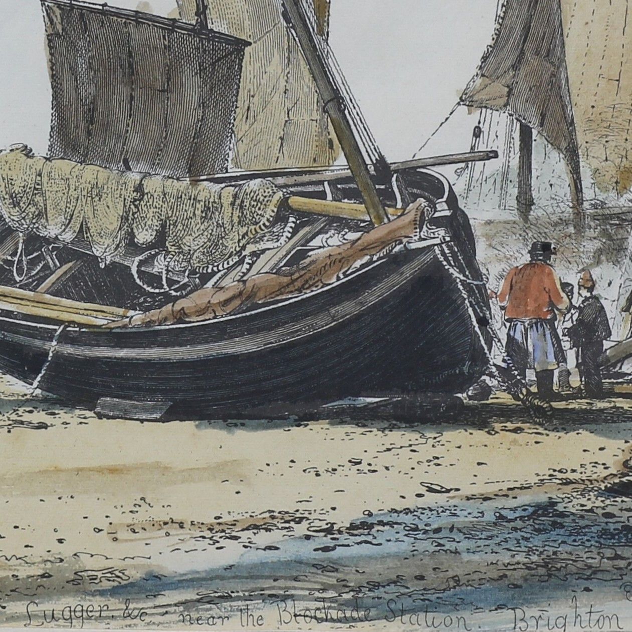 Coloured Etching By Edward William Cooke. 'Lugger Near The Blockade, Brighton' photo 100.0