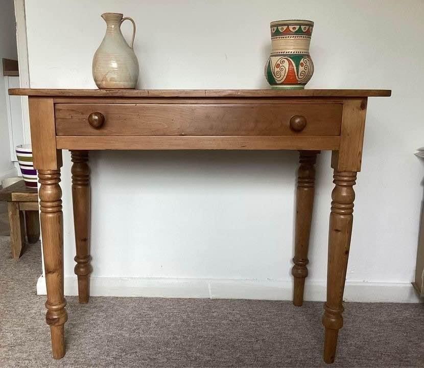 Vintage Pine Farmhouse Country Cottage Hall Table With Drawer photo for sale