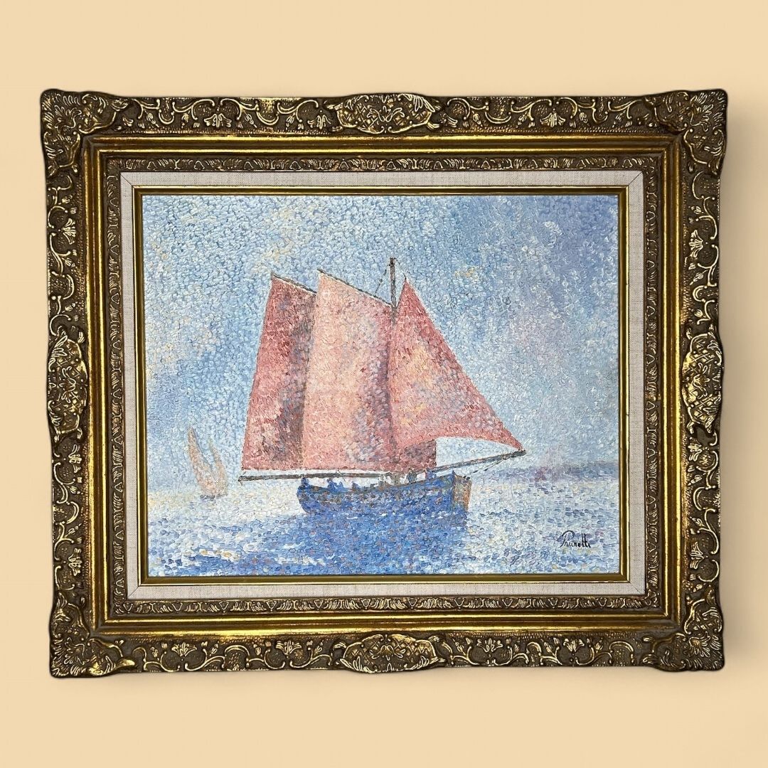 The Old Ship, Pointillist Landscape, Oil On Canvas Painting