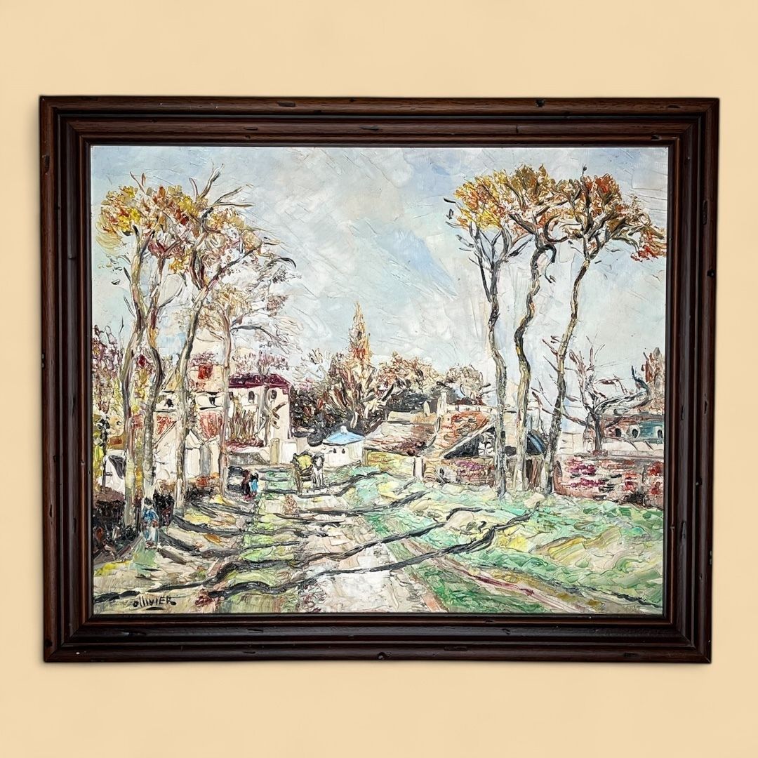 Village Street, Oil On Canvas Landscape Painting