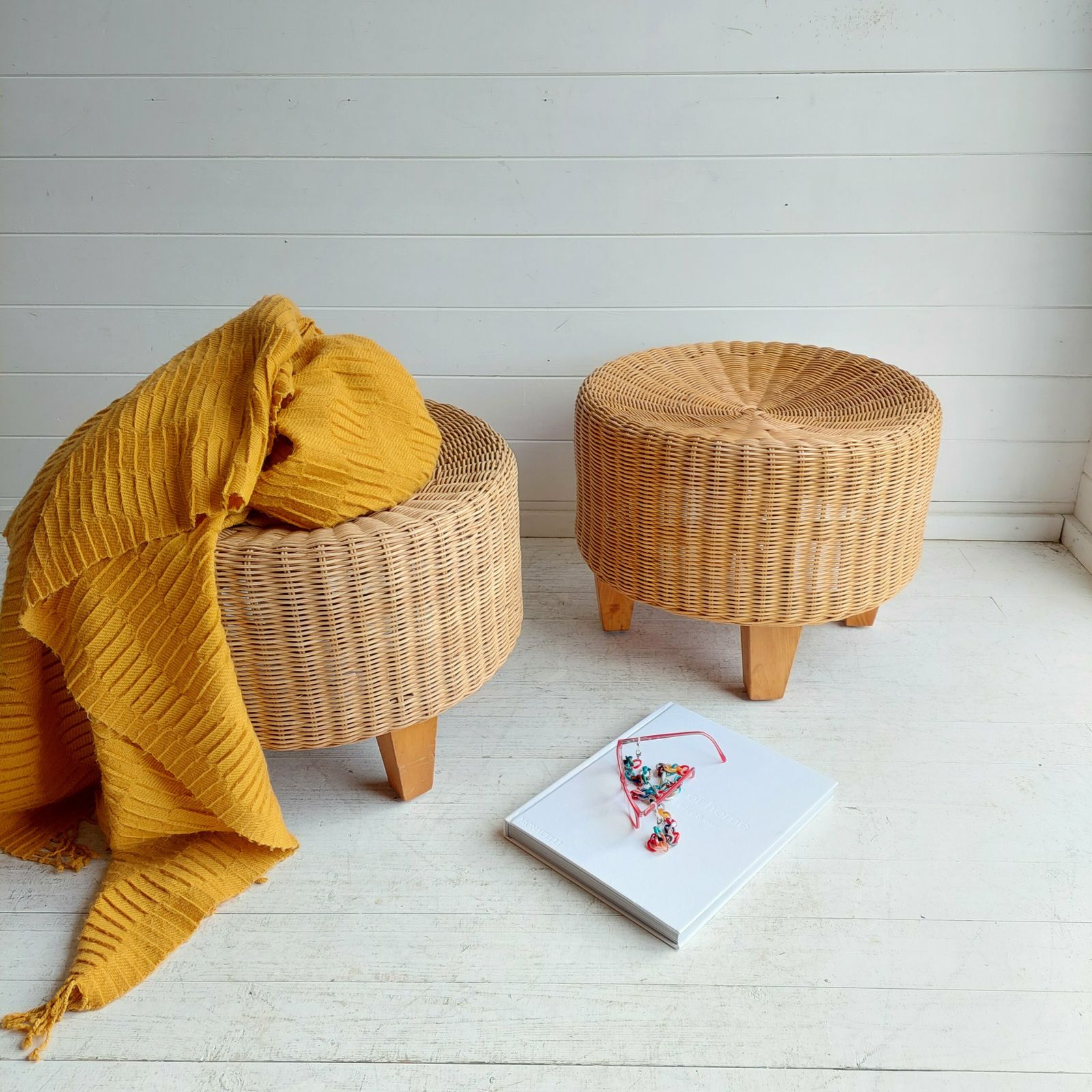 Vintage Ikea Wicker Footstools Side Tables Ottomans Late Mid Century, 90s Set Of 2 photo furniture