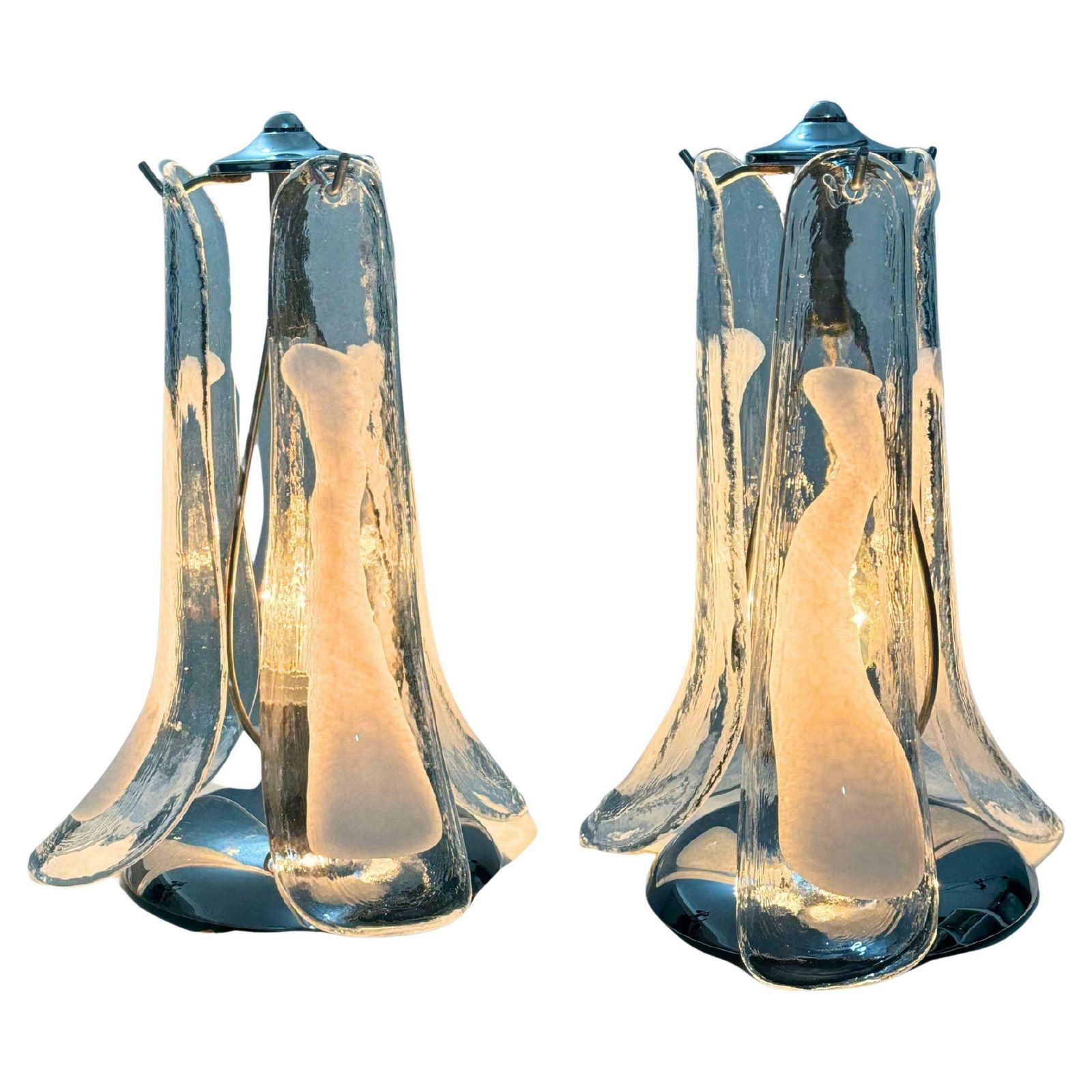Pair Of Murano Glass Petals Table Lamps, Set Of 2 Venetian Glass Flower Lamps